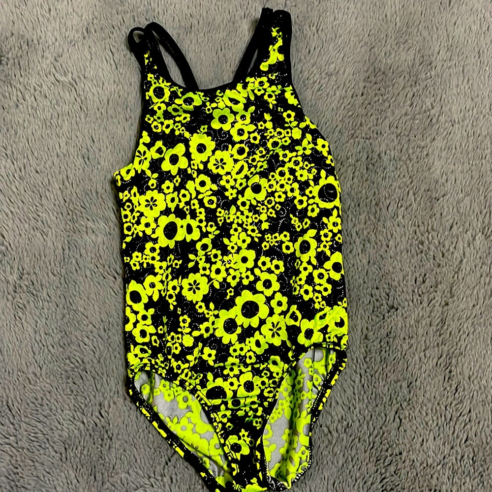 Green/yellow floral design gymnastics leotard
